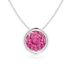 East-west bezel set round-cut lab pink sapphire pendant in white gold
